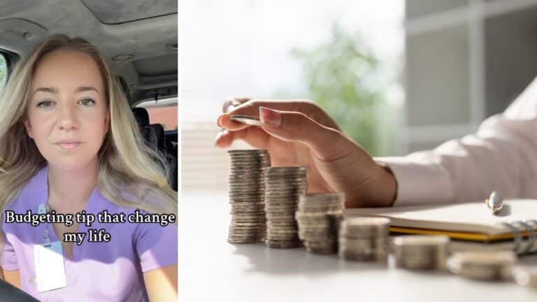 TikTok video screen shot of woman sharing budgeting tip and woman's hand stacking change