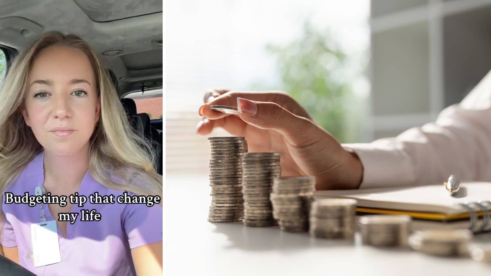 TikTok video screen shot of woman sharing budgeting tip and woman's hand stacking change
