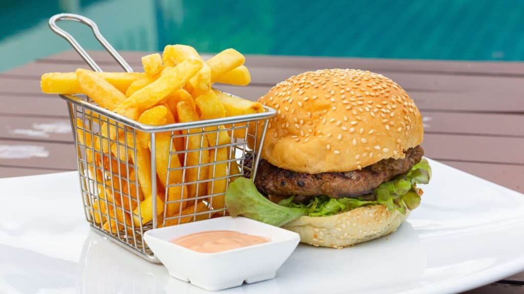 Upscale burger and fries presentation