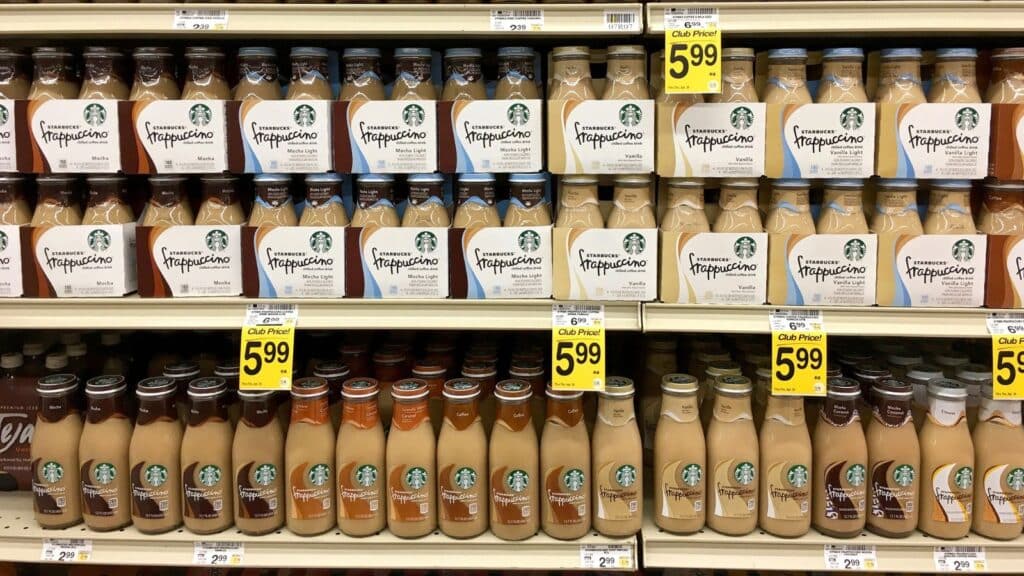 Gorcery aisle with Frappuccino and bottled coffee drinks