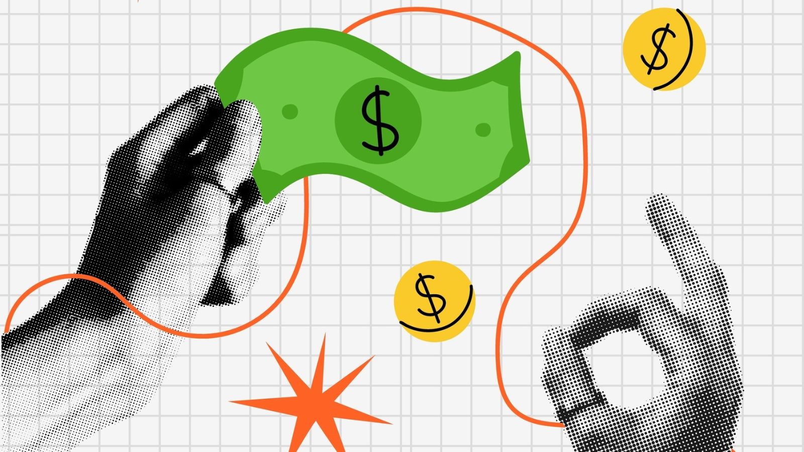 Vector image with hands, money, and designs