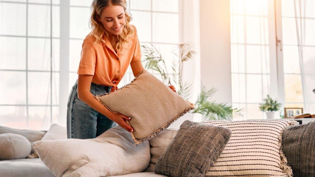 Woman putting throw pillows on a couch