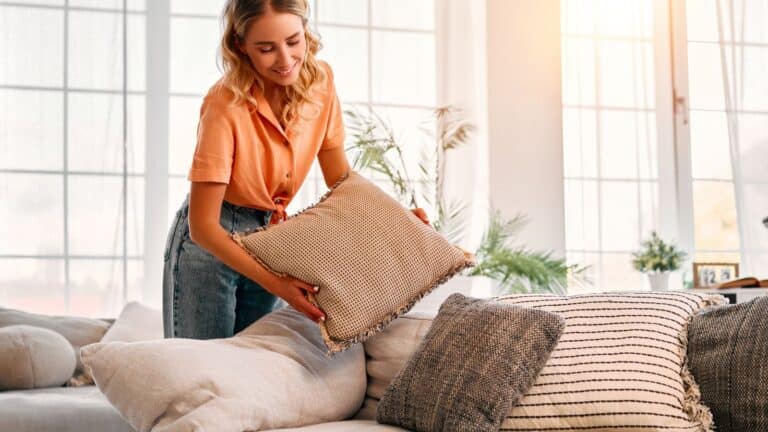 Woman putting throw pillows on a couch