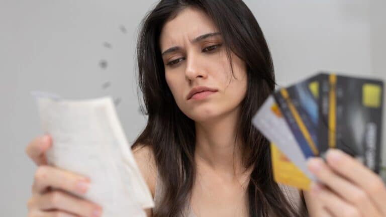 Woman looking stressed while holding receipts and a bunch of credit cards