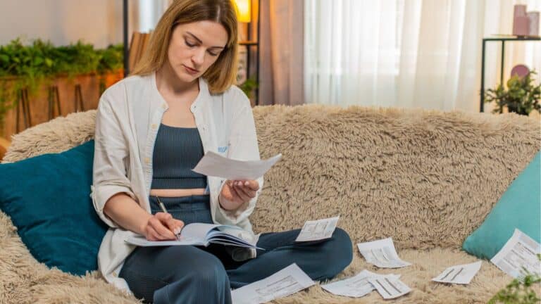 Woman sitting on the couch paying bills