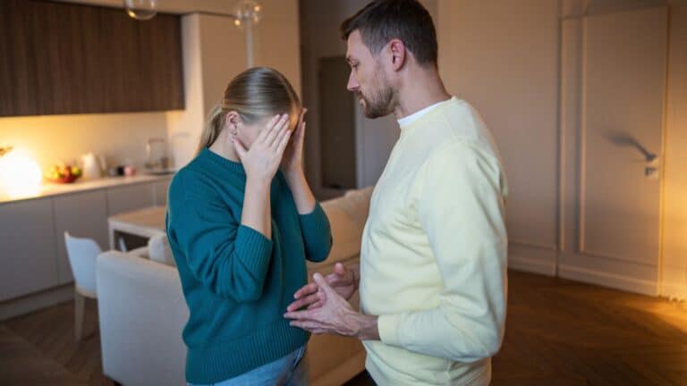 Man appearing to console his upset wife