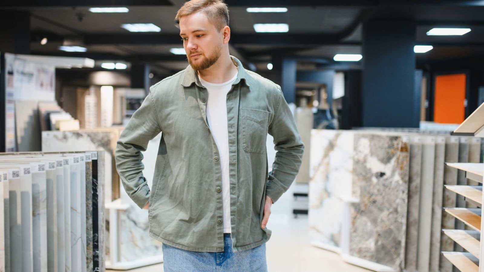Man shopping for countertops and looking upset