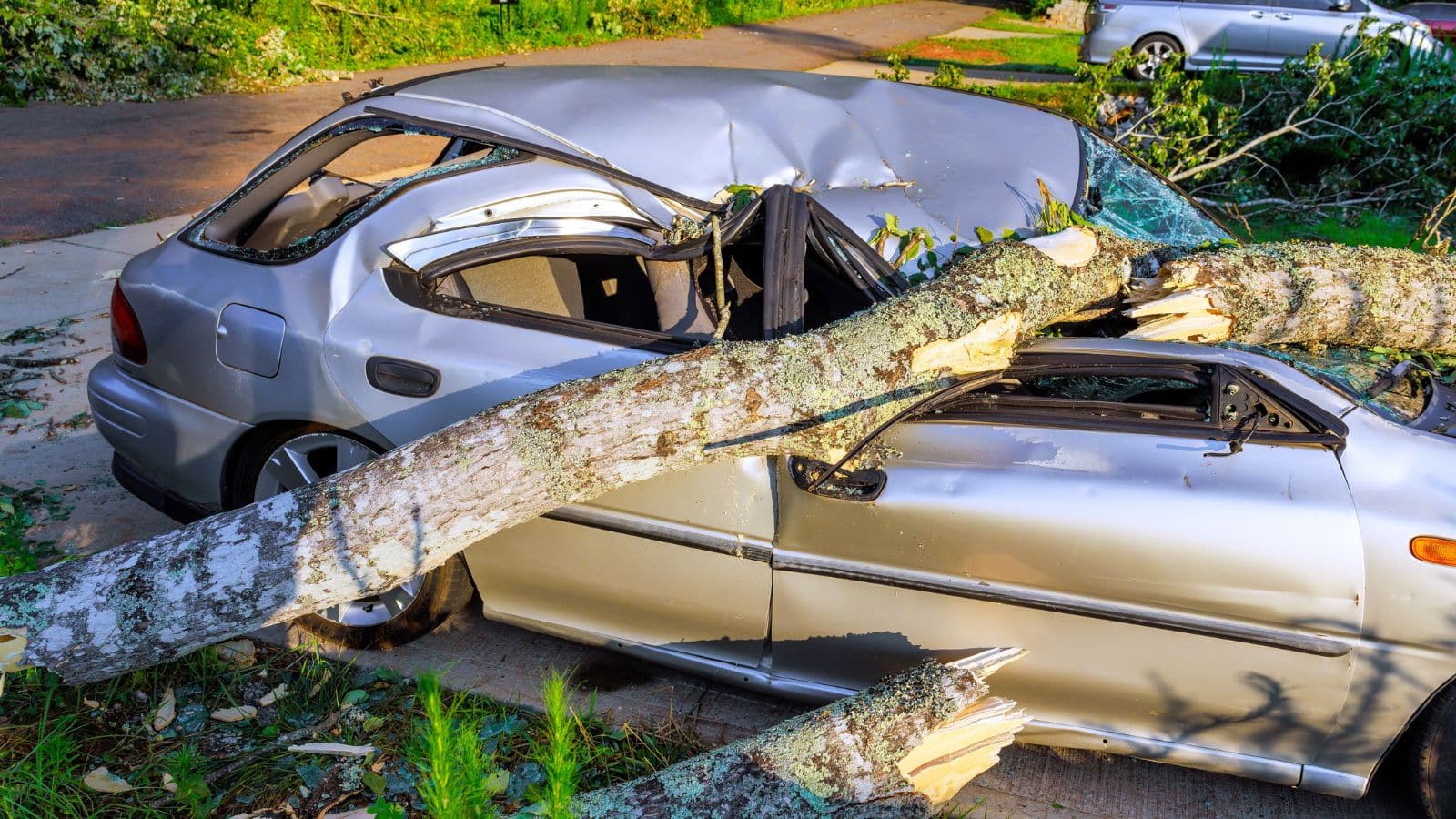 Tree laying on top of a damaged car