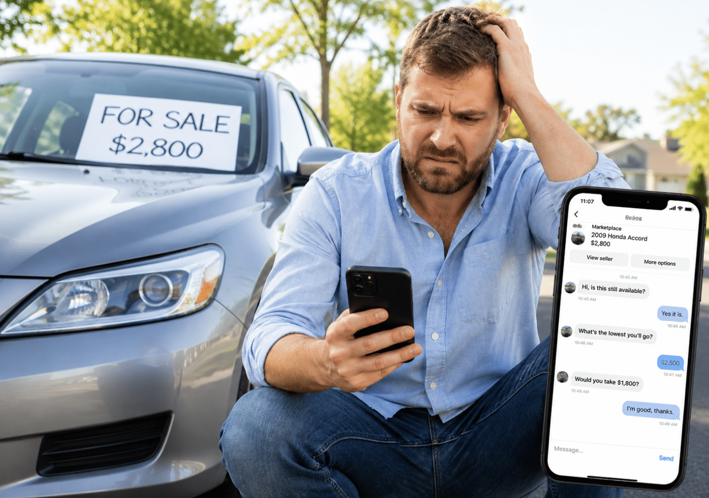 Man trying to sell car online and looking at his phone