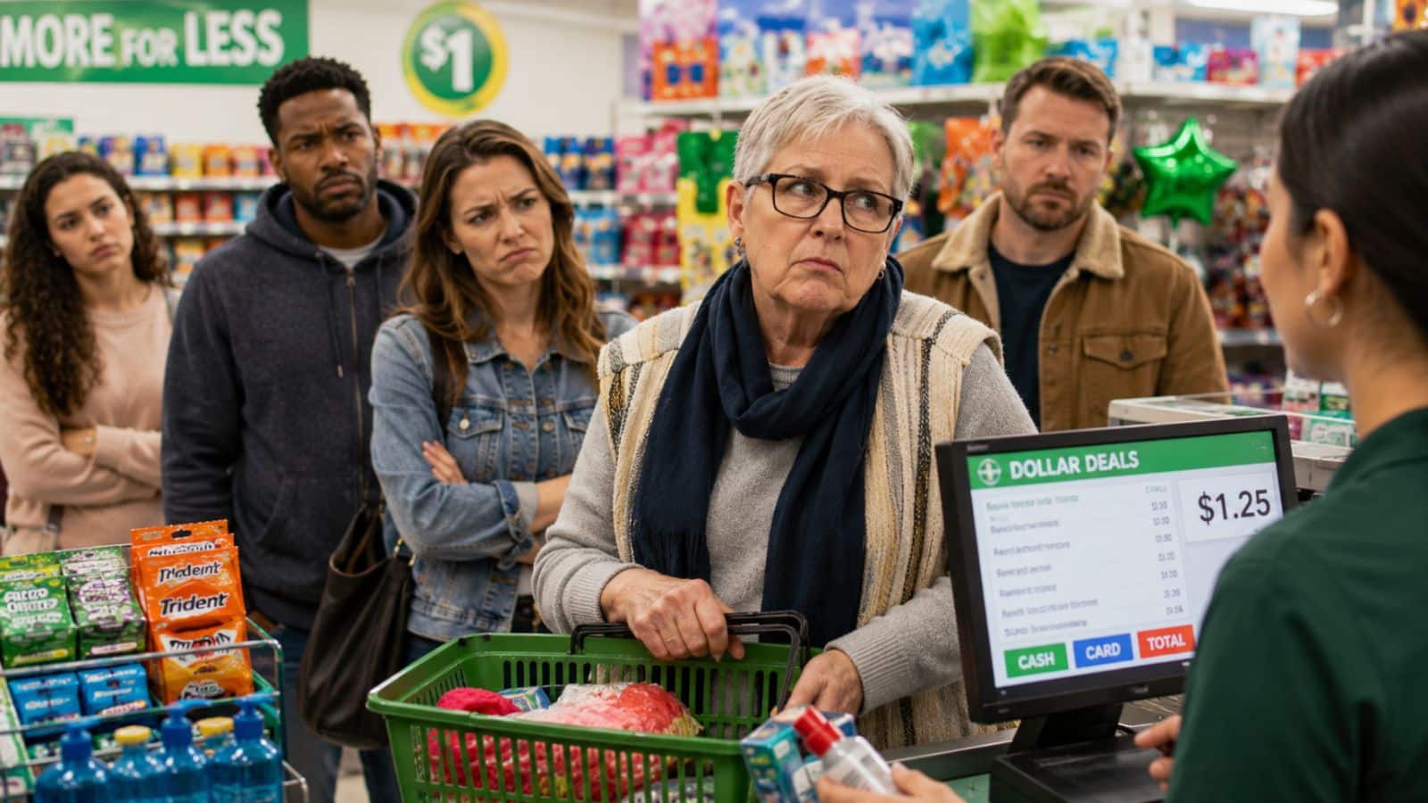 Rude customer holding up a checkout line