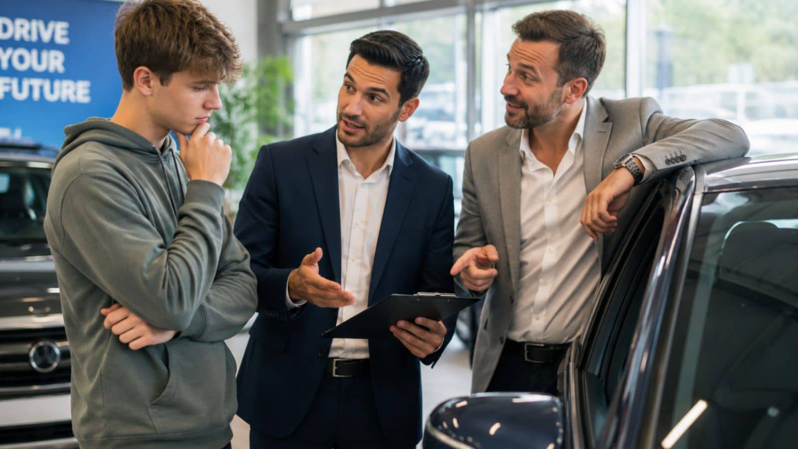 Young man speaking with two car salesmen