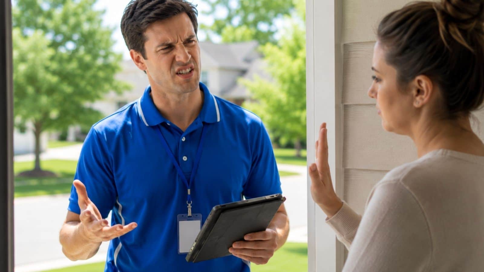 Woman at door talking to door-to-door salesman who looks annoyed