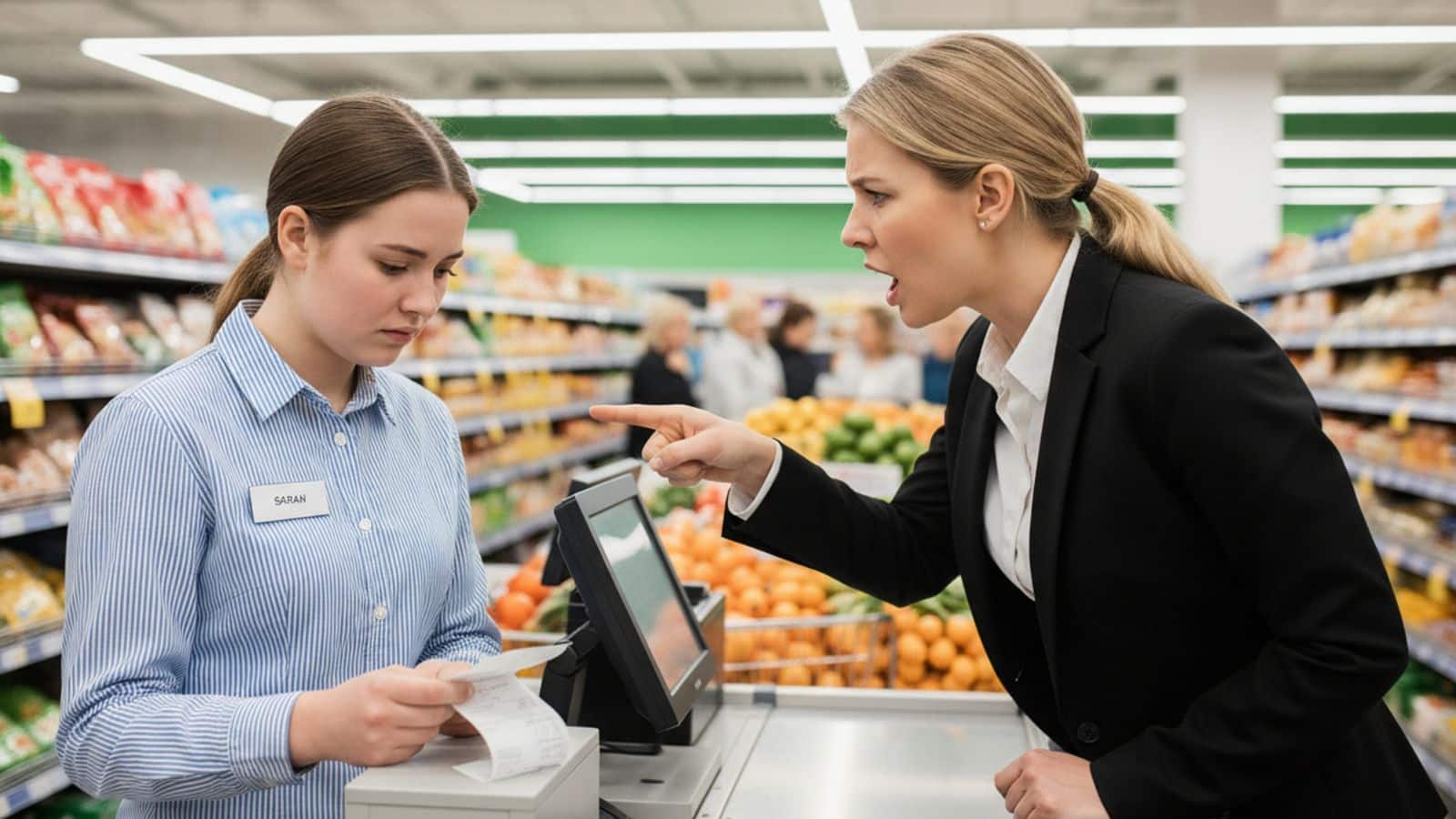 Female cashier getting yelled at by her boss