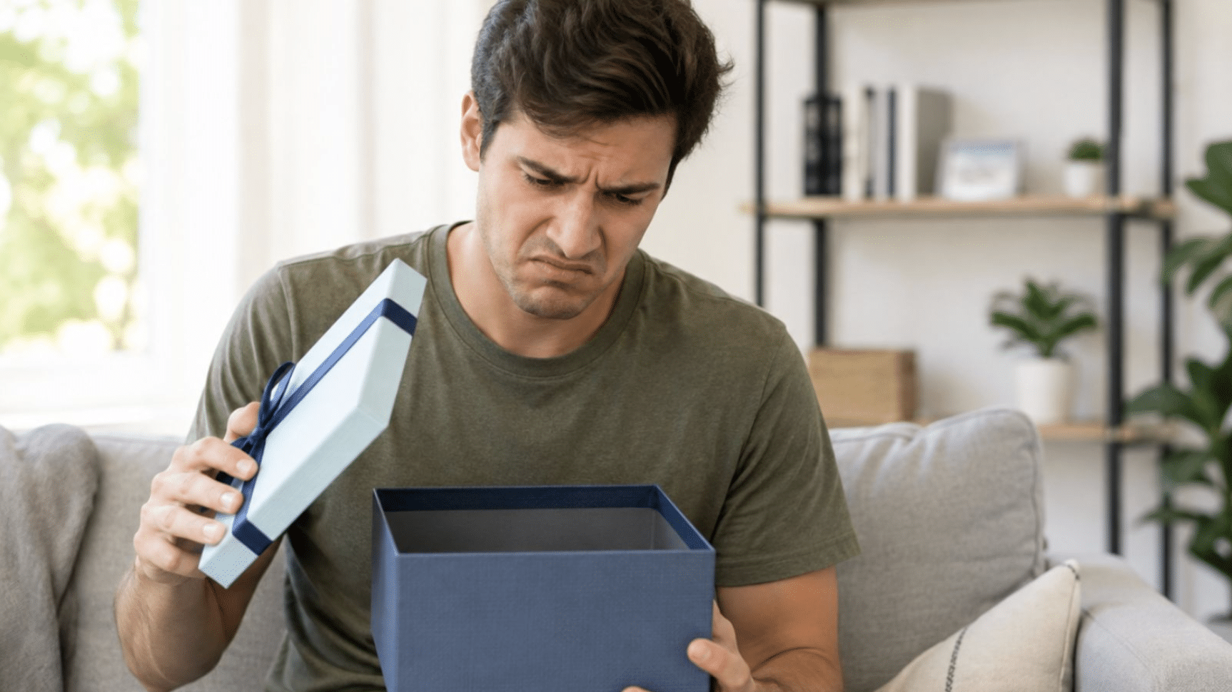 Man opening gift and looking annoyed