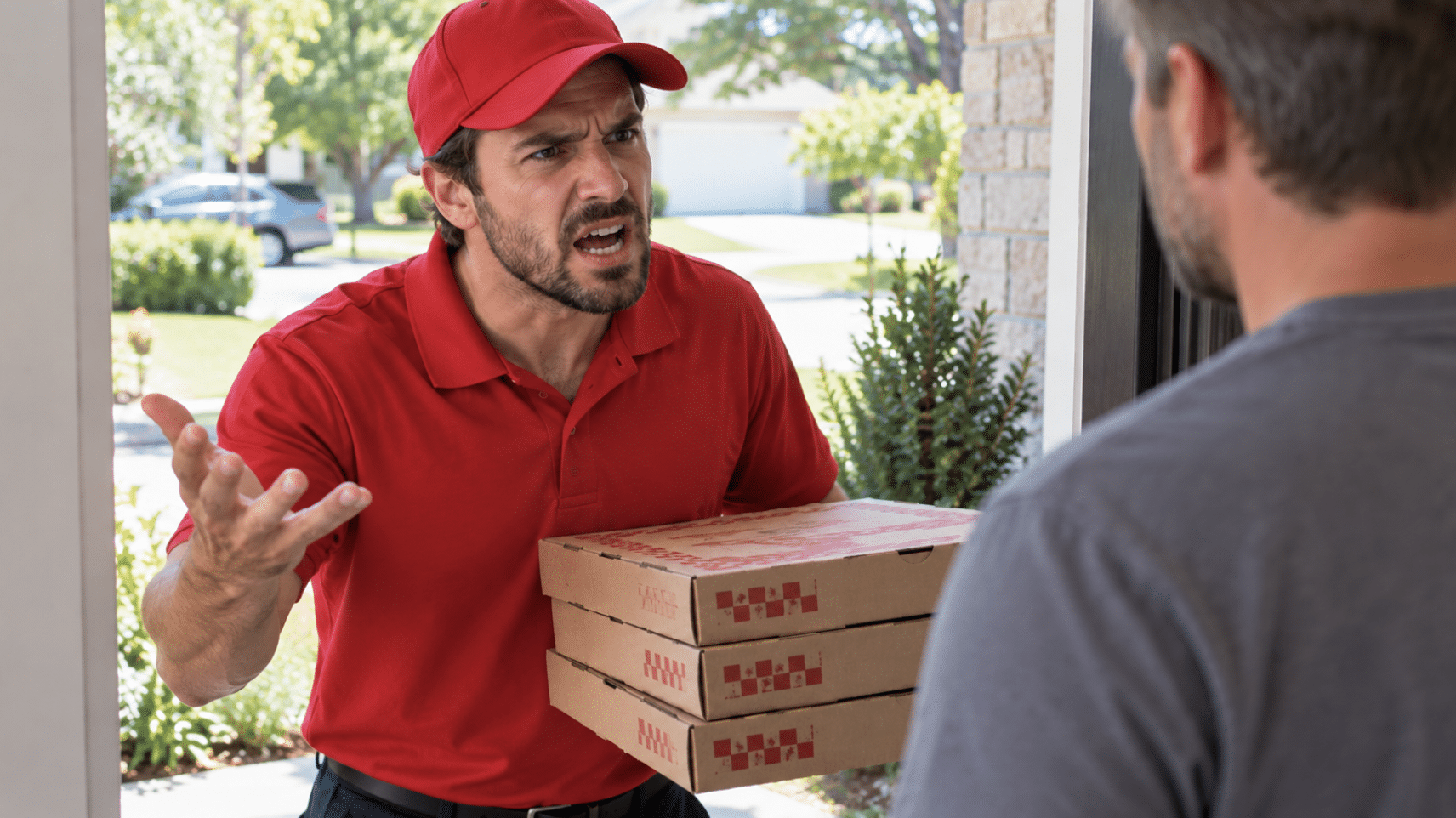 Pizza delivery guy yelling at a man