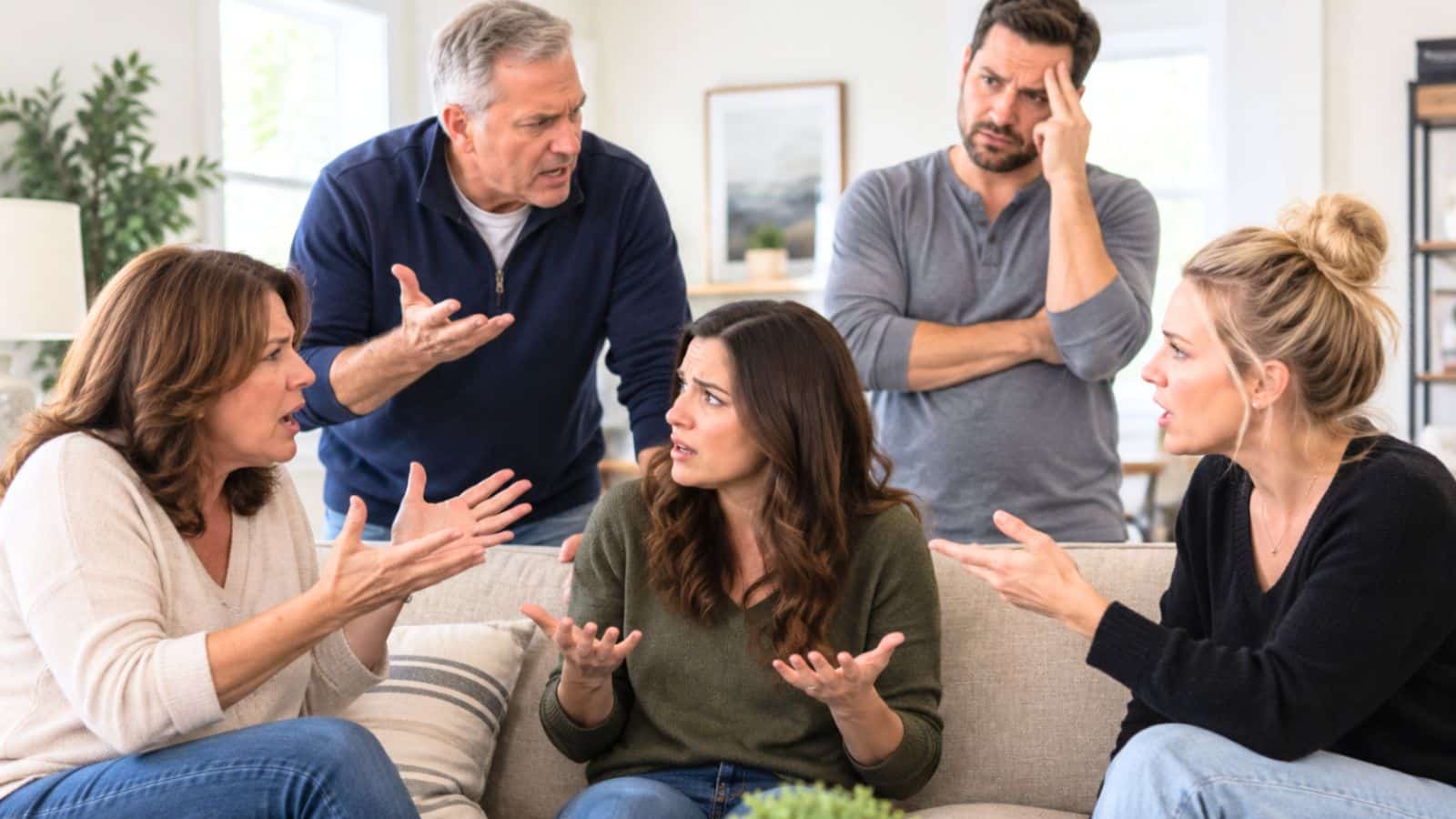 Family members sitting on the couch arguing