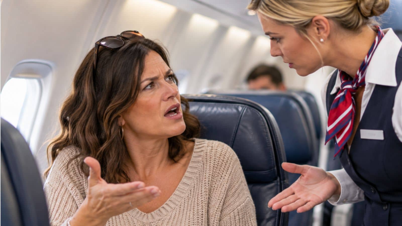 Flight attendant arguing with female passenger on plane