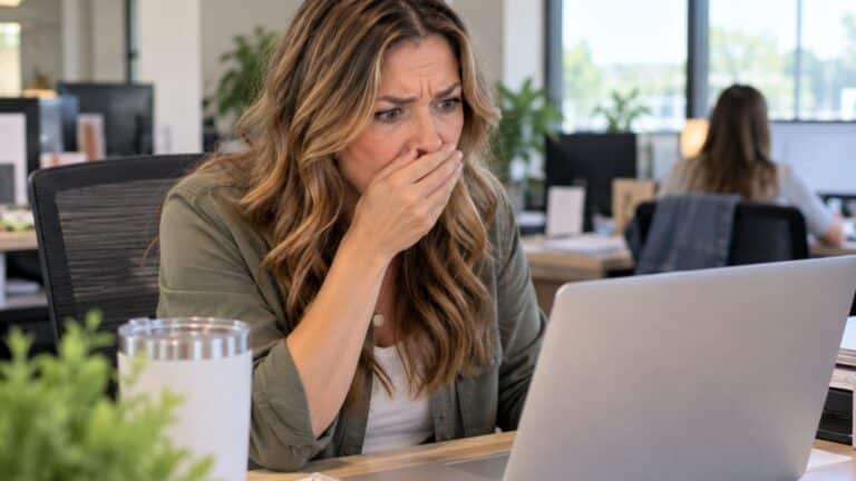 Woman looking at her laptop at work and looking shocked