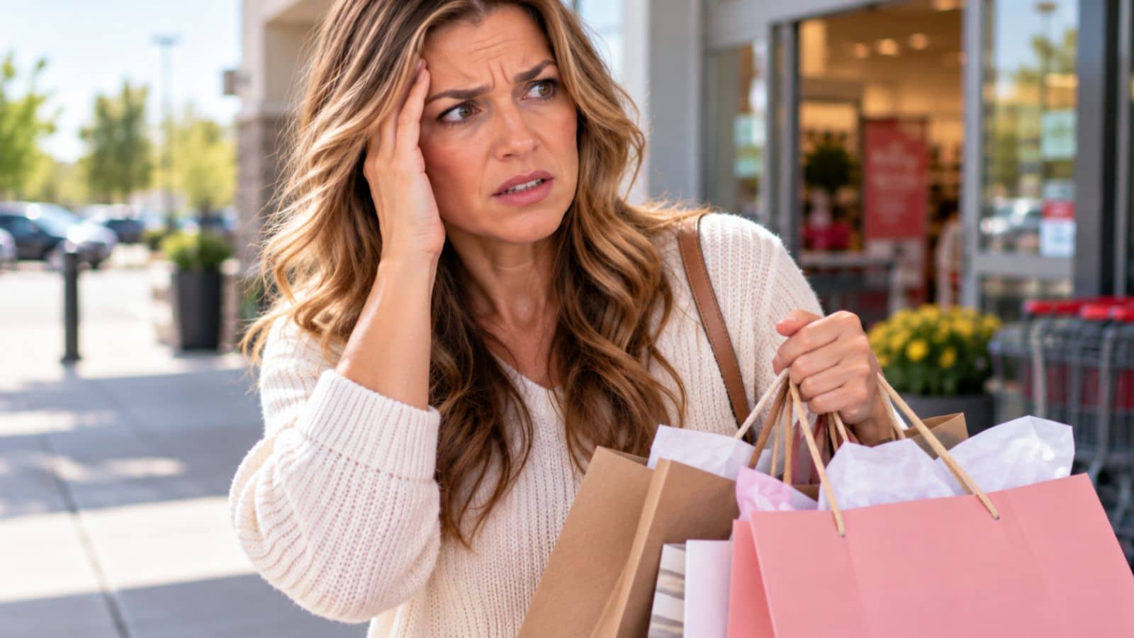Woman looking upset while holding shopping bags outside a store