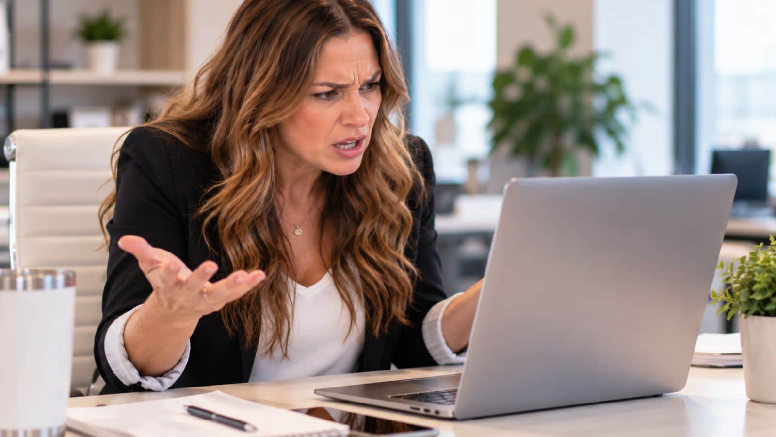 Professional woman looking angry while using her laptop